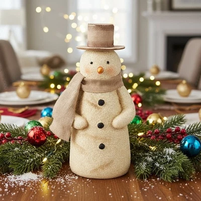 Primitive Christmas Glittery Vintage 8.25" Snowman Figurine with Scarf Foto 1 de 3