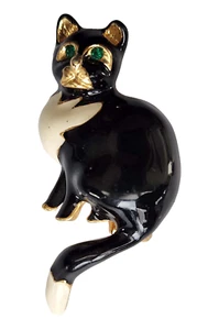 NEU ANSTECKNADEL Vintage KATZE Smoking schwarz weiß Emaille Strass grüne Augen Brosche USA - Bild 1 von 4
