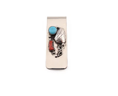 Navajo Sterling Silver Money Clip Turquoise and Coral Stones Handmade Accessory - Image 1 of 4