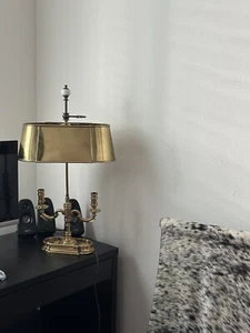 Vintage Contemporary Brass Two-Light Candlestick Lamp with Brass Shade - Picture 1 of 15