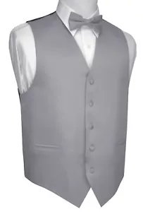 Men's Satin Silver Formal Tuxedo Vest Bow-Tie Hankie Set Wedding Prom Homecoming - Picture 1 of 3