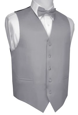 Men's Satin Silver Formal Tuxedo Vest Bow-Tie Hankie Set Wedding Prom Homecoming - Image 1 of 3