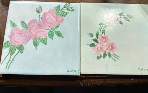 Vintage 2 Handpainted Tile By E Moss Pink Flowers Floral Light Blue Green 6 x 6 Cover