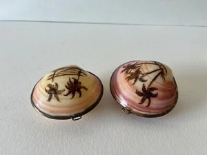 Paar alte handbemalte Muschel Schmuckschatullen - Palmen Design, aufklappbar - Bild 1 von 24
