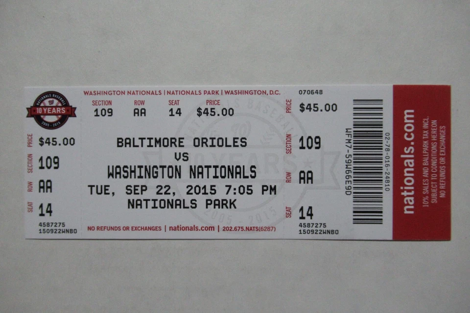 NACIONALES VS ORIOLES 22/09/2015 BOLETO COMPLETO ~ UBALDO JIMÉNEZ VICTORIA NÚMERO 100 DE SU CARRERA Foto 1 de 1