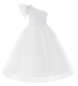 One Shoulder Flower Girl Dress Ostrich Feather Dress Sequin Princess Dresses - Picture 1 of 9