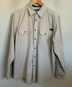 Harley Davidson Beige Shirt Gray Stripe Back Logo Long Sleeve Buttons Size M - Picture 1 of 8