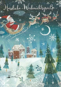 Postkarte:Herzliche Weihnachtsgrüße / Weihnachtsmann im Schlitten über der Stadt - Bild 1 von 1