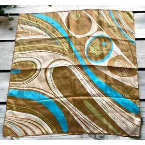 Vintage Peacock Swirl Scarf Square Abstract Waves Earth Tones Brown Teal - Picture 1 of 8