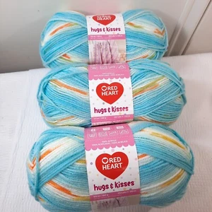 Red Heart Hugs & Kisses Yarn Aqua 3 skeins variegated blue orange white acrylic - Picture 1 of 7