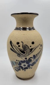 Vintage Tonala Pottery Vase Bird/Flowers Hand Painted Mexican 8.25", Signed. - Picture 1 of 7
