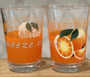 Crate and Barrel SQUEEZE ME 6 oz Orange Juice Glasses Breakfast Set Of 2 - Picture 1 of 8