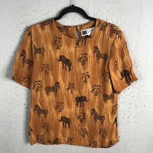 Vintage Safari Animal Shirt Womens Small Orange Black Crinkle Africa Art To Wear - Picture 1 of 19