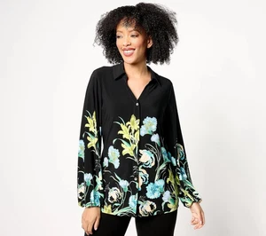 Susan Graver Sz SMALL Printed Liquid Knit Button-Front Shirt BLACK/JADE A684080 - Picture 1 of 1
