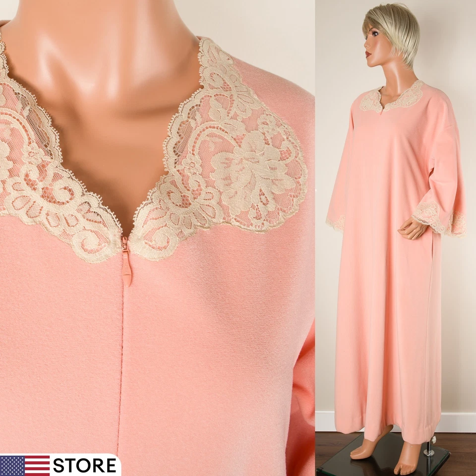💖 Roupão vintage Vanity Fair poliéster rosa pêssego M casaco 1/2 zíper vestido acabamento em renda - Imagem 1 de 4