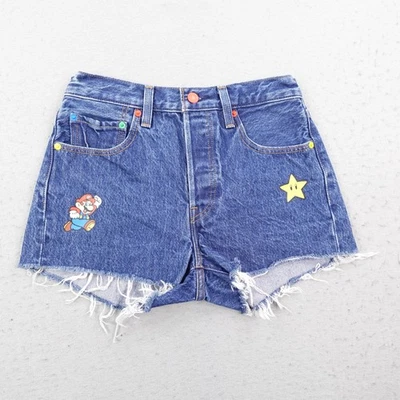 Levis Shorts Womens 27 Blue Denim Jean Jorts 501 Super Mario Button Fly Frayed - Image 1 of 4