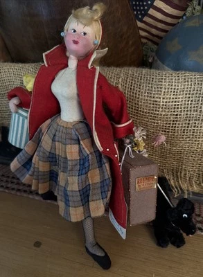 Vintage Roldan Klumpe Traveling Lady Doll Excellent Condition Suitcase Dog Hat - Image 1 of 4