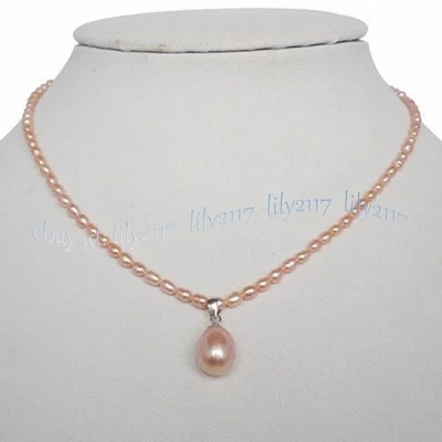 Collar colgante de perlas de arroz de agua dulce rosa natural genuino 14-32 pulgadas 5-6 mm Foto 1 de 4