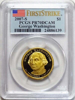 2007-S  PRESIDENTIAL $ GEORGE WASHINGTON FIRST STRIKE FLAG LABEL  PCGS PR70DCAM - Image 1 of 3