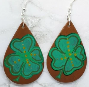 Hand Painted Shamrock Four Leaf Clover Real Leather Teardrop Earrings - Picture 1 of 5