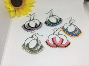 Beaded Hoop Drop Earrings, Wire Hook, Multi-Color, Miyuki Delica beads (Choose) - Picture 1 of 11