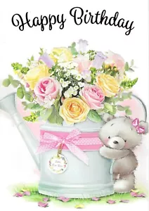 OPEN FEMALE, LADIES BIRTHDAY GREETING CARD 7"X5" CUTE BEAR WITH WATERING CAN - Picture 1 of 2
