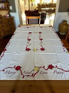 Christmas White with Poinsettias Oblong Tablecloth Noel Peace Miracle Joy - Picture 1 of 9