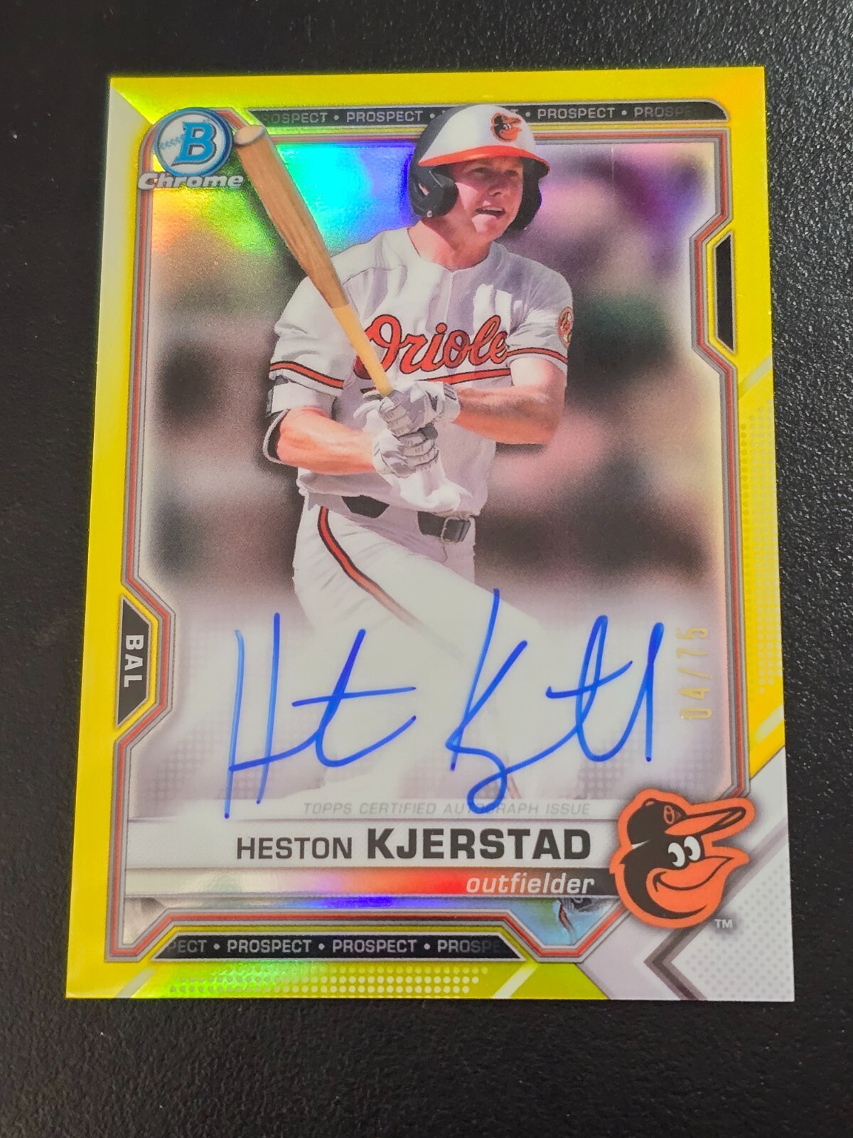 2021 Bowman Chrome Heston Kjerstad Yellow Refractor Auto /75 Baltimore O's