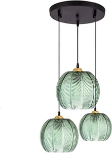 Spherical Pendant Light w/Leaf Vein Green Glass Lampshade Industrial Vintage E26 - Picture 1 of 4