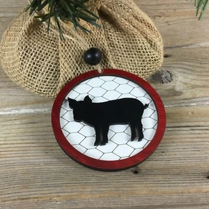 Pig Rustic Farm Christmas Ornament with Laser-Cut Chicken Wire Pattern - Picture 1 of 5