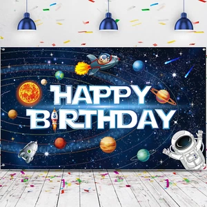 Space Happy Birthday Decorations Background Astronaut Rocket Backdrop Banner - Picture 1 of 12