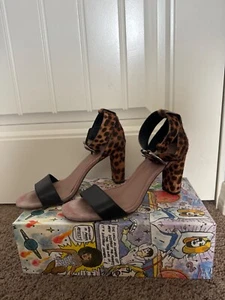 Rebecca Minkoff Womens Sandals Size 6.5 ankle strap block heel leather leopard - Picture 1 of 6