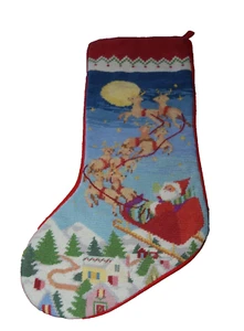 Hand Made Needlepoint Stocking Santa and Reindeer 100% Wool Design - Picture 1 of 4