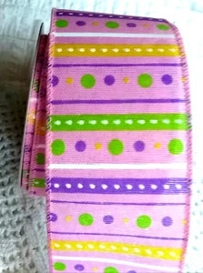 Pink Polka Dot Stripes 2.5" by 2 yards Wired Ribbon Spring Easter Whimsical - Picture 1 of 4