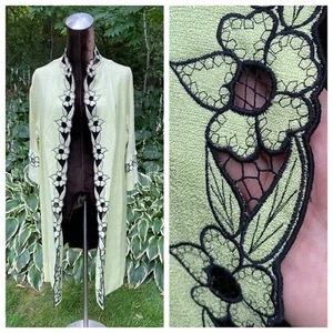 Duster Cardigan Sweater Embroidered Green Black Womens Size M To L HANDMADE - Picture 1 of 12