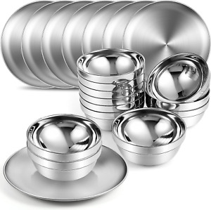 Sunnyray Stainless Steel Plates and Bowls Metal Camping Plates Reusable 13Oz Ste
