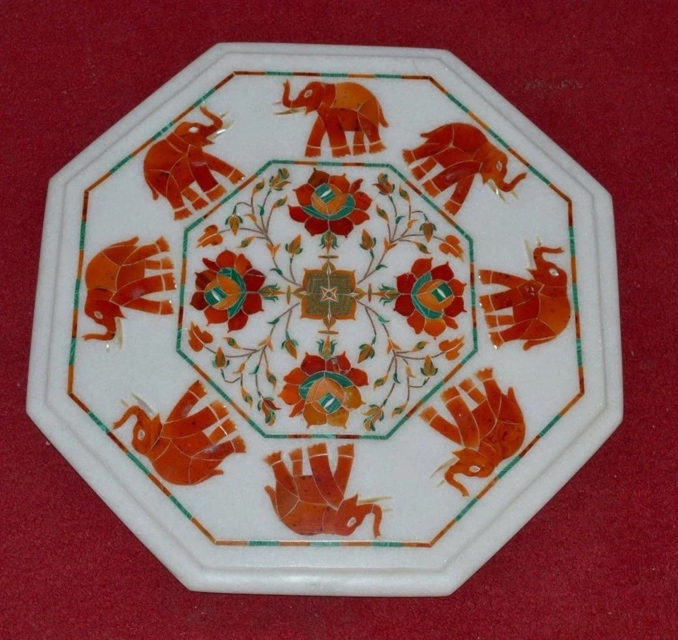 12" x 12" Marble Table Top carnelian Semi Precious Stones Inlay Art Work - Image 1 of 1
