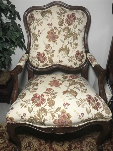 Pair of Ethan Allen upholstered and wood Avignon Bergere accent ￼carved Chairs￼ Cover