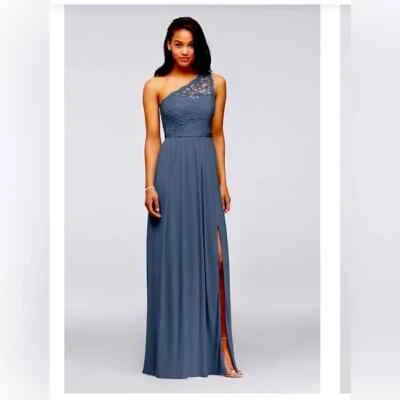 Vestido de novia de encaje de un hombro David's, talla 12, azul acero, dama de honor graduación Foto 1 de 4