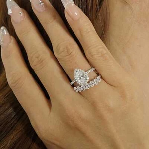 14K Gold Pear Halo 0.49 CT Pear Lab Grown Diamond Classic Wedding Ring Pear Halo - Picture 1 of 13
