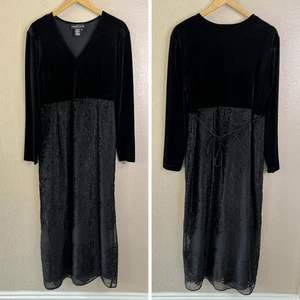 Vintage Samt Burnout Midikleid Größe 14 schwarz Whimsigoth Witchy Faux Wickeloptik - Bild 1 von 11