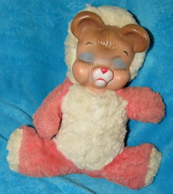 VINTAGE RUBBER FACE PLUSH PINK TEDDY BEAR RUSHTON GUND POUTING TOY 1950 60S RARE - Image 1 of 4