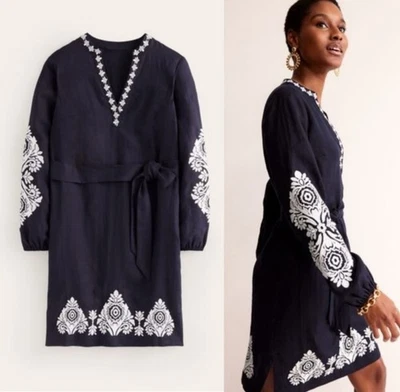 Boden Cleo Embroidered Linen Dress Women’s 10 Navy V-neck Long Sleeve New-flawed - Image 1 of 4