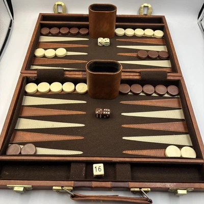 Vtg Backgammon Faux Brown Leather Travel Case 10.5”x 7” Interior Stitched CIB - Image 1 of 4