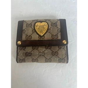 Gucci Small Crystal Brown Leather Canvas Monogram French Flap Babouska Wallet - Picture 1 of 11