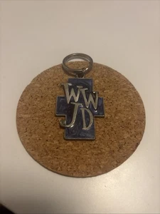 Vintage WWJD Schlüsselanhänger blau Metall Kreuz Was würde Jesus tun religiös Schlüsselring EUC - Bild 1 von 5