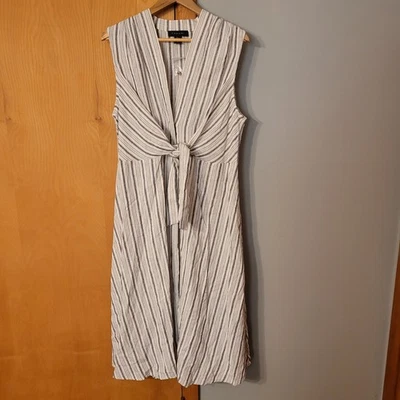 Tahari Size L Linen Blend Midi Dress Stripe V Neck Coastal Nautical Front Tie - Image 1 of 4