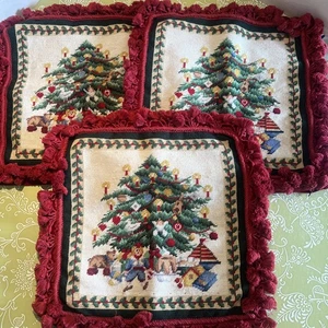 3-18” Square Christmas Tree Embroidered Pillow Covers Only Zip Velvety Back Set - Picture 1 of 8
