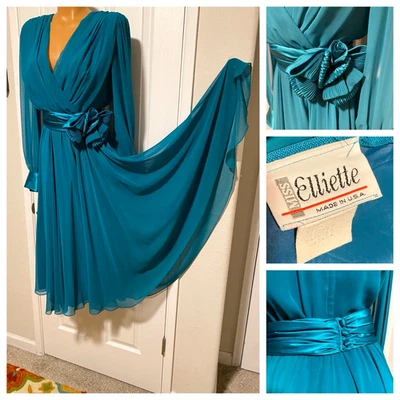 VESTIDO DE NOCHE DE COLECCIÓN AÑOS 80 MISS ELLIETTE AZUL VERDOSO TRANSPARENTE DE GASA CON SATÉN Talla 10 Foto 1 de 4