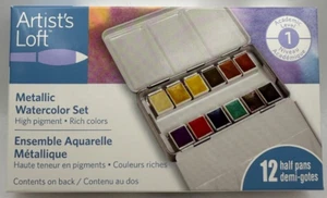 NEW Artist's Loft Metallic 12 Watercolor Half Pan Set w/ Metal tin & Pallete - Picture 1 of 2